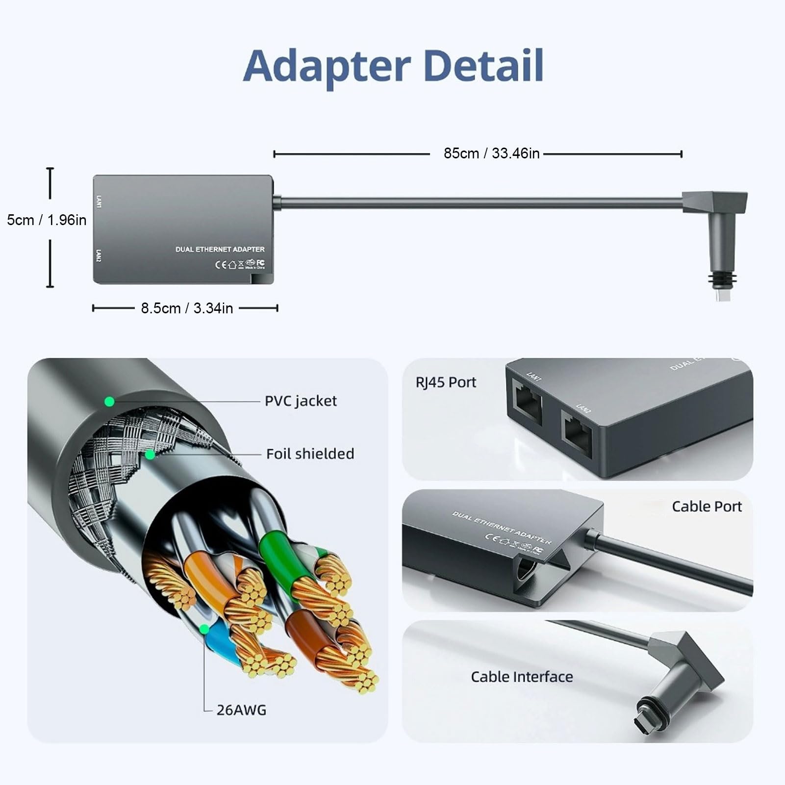 Garosa 2-portowy Adapter Ethernet Rozdzielacz Gigabit Ethernet do Połączenia Przewodowego z konstrukcją Plug and Play Zgodny z Systemem Satelitarnym Gen 2 V2