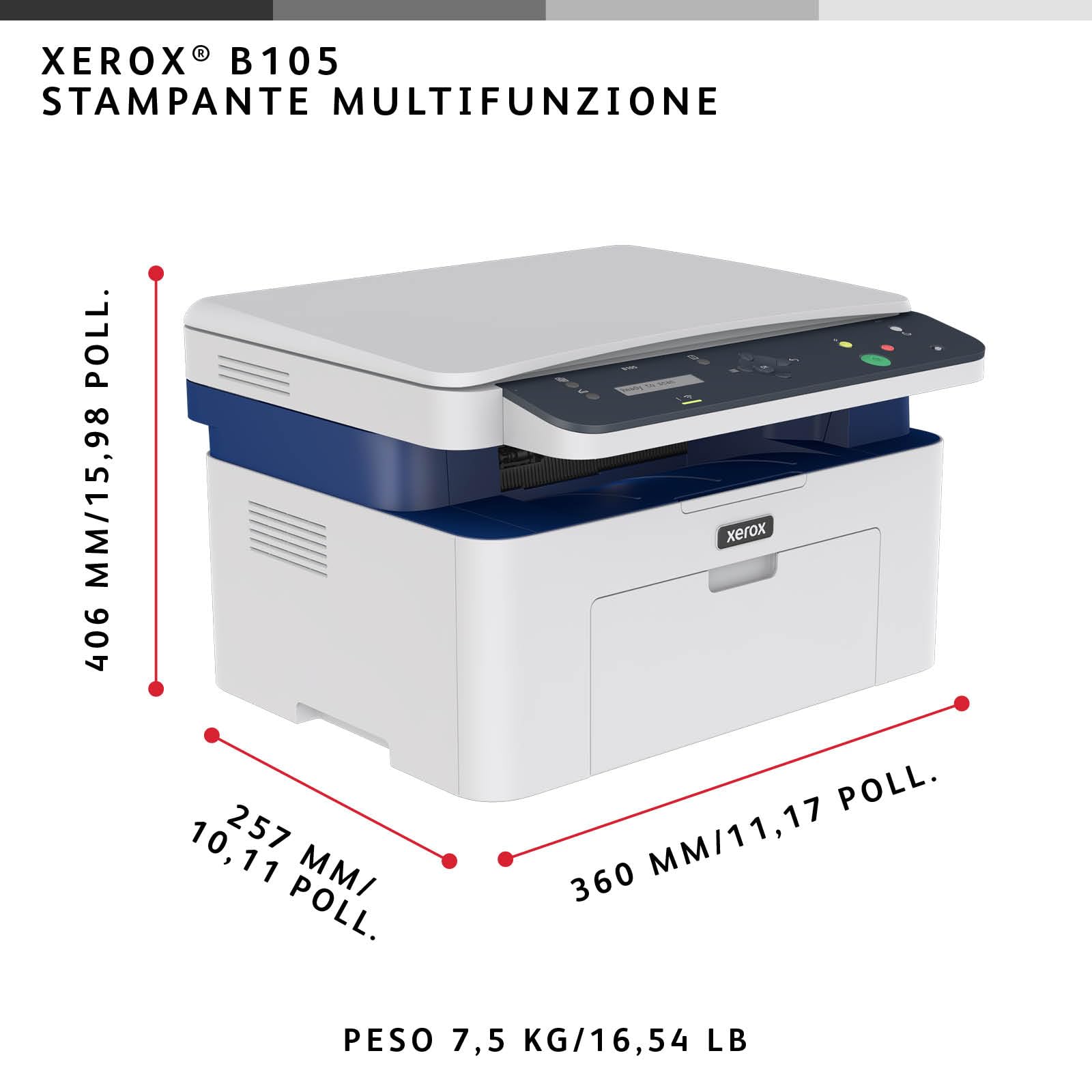 Xerox B105 Stampante Multifunzione Wireless – Laser monocromatica compatta All-in-One, stampa/scansione/copia, A4, ideale per scrivania in home office e piccoli team, compatibile mobili, Wi-Fi, EU