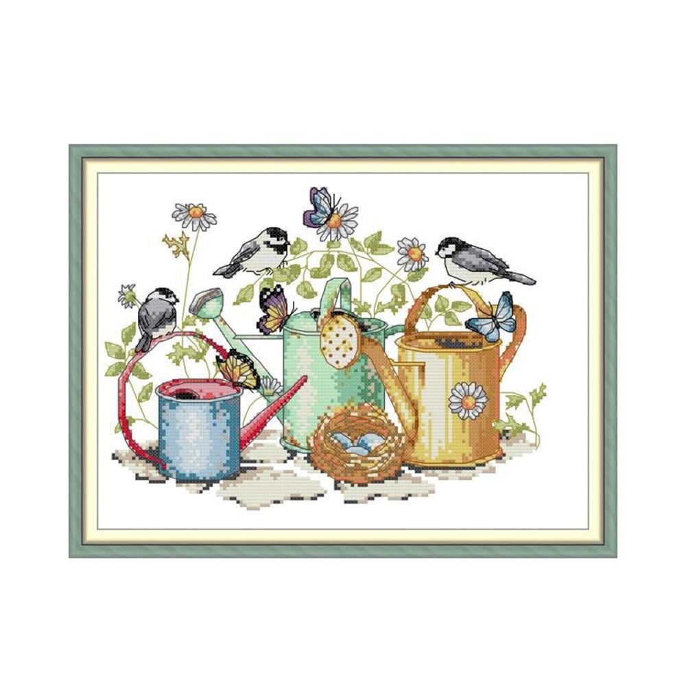 Rosyfoxes Cross Stitch Kits Stamped Full Range of Embroidery Starter Kits for Adult DIY- Printed kit Bird and Kettle (Printed) 11ct 3-strands16.9×13 inches
