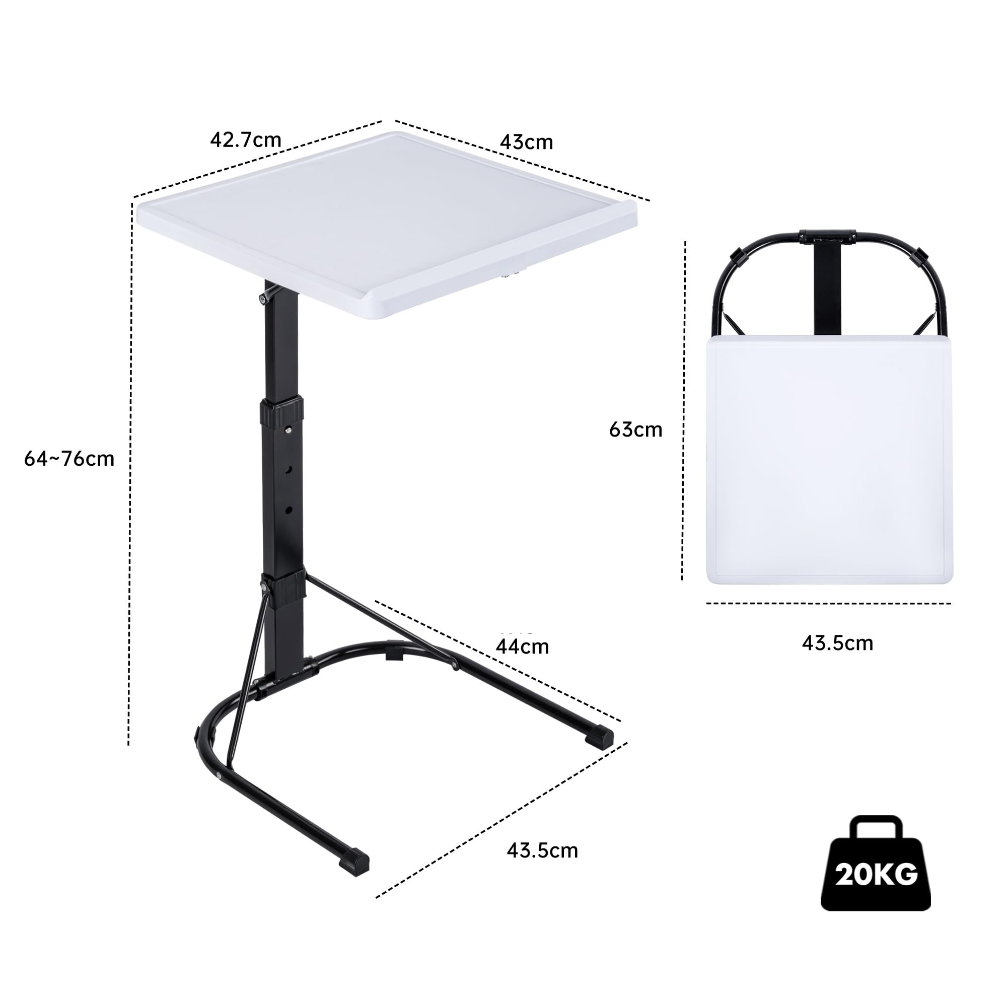 T-LOVENDO.ES Mesa Auxiliar Plegable con Altura Ajustable, Forma de C, con 3 Alturas (de 63,5 a 76 cm), 3 Ángulos Ajustables, para Ordenador Portátil, Lectura, Sofá, Sillón (Blanco)