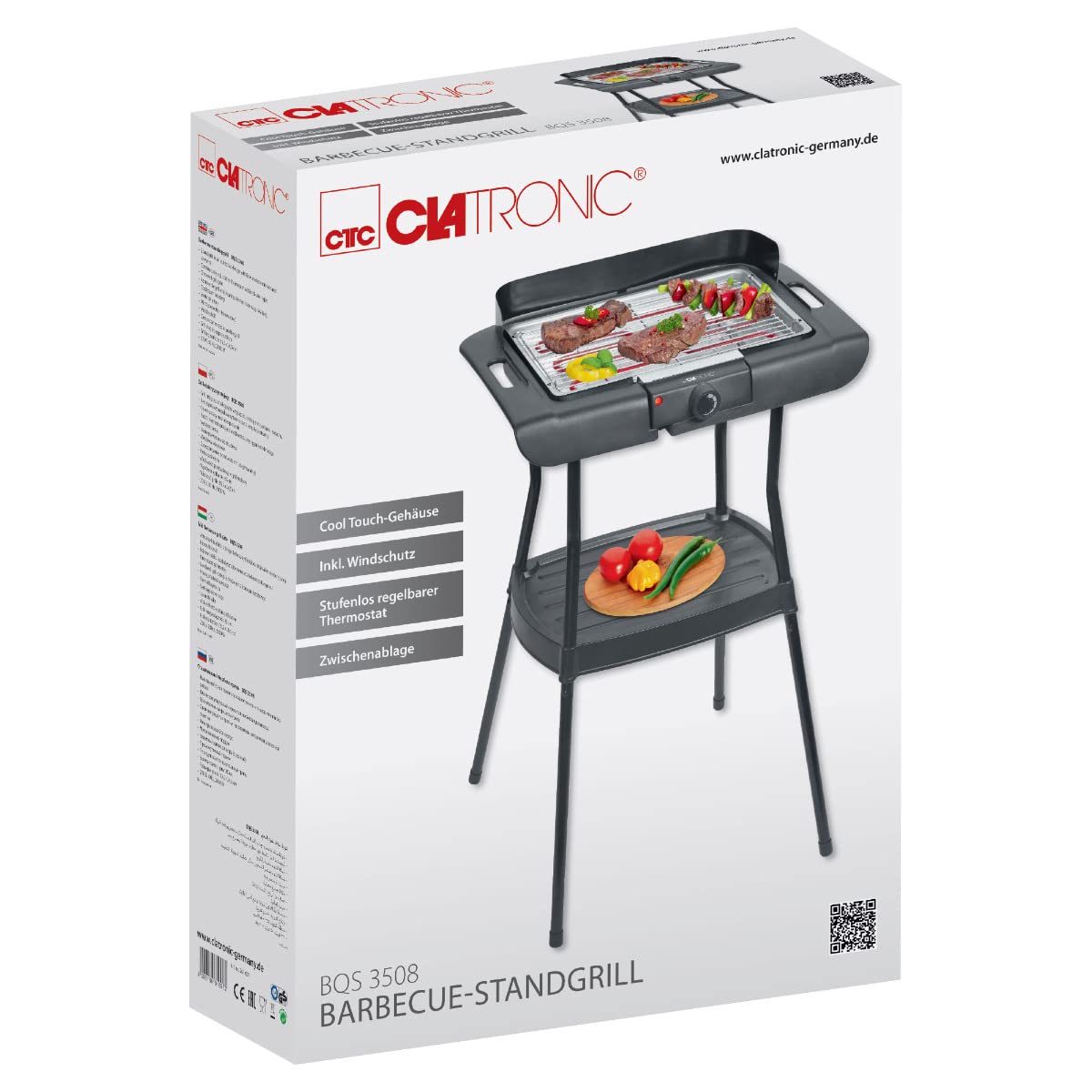 Clatronic BQS 3508 Grill elektryczny z nogami, Gril 35,5 x 24,5 cm, 2000 W, Metal, Czarny
