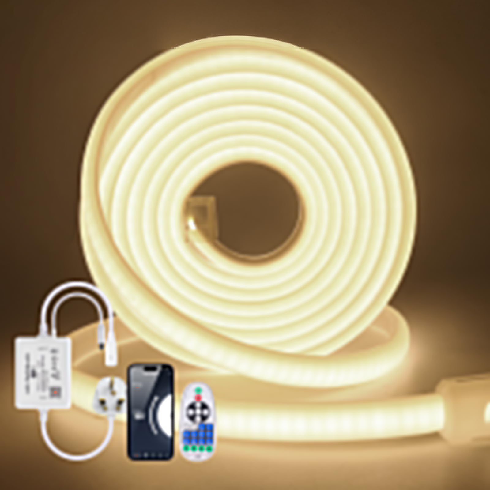 KISUFU Strip 220v COB 288 Led/m,Waterproof Double-Sided Glue IP65 Neon Strip Light LED Strip Light with COB WiFi Music 23 Keys IR 750w Dimmer for Indoor Outdoor Decoration