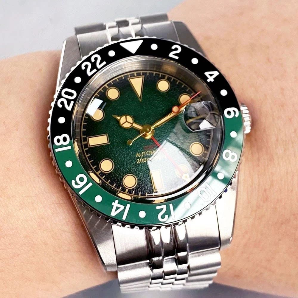 38 mm automatyczne mechaniczne zegarki GMT NH34 ruch wypukły szafirowy kryształ, stal nierdzewna 316L bransoletka jubileuszowa nurkowanie męski zegarek