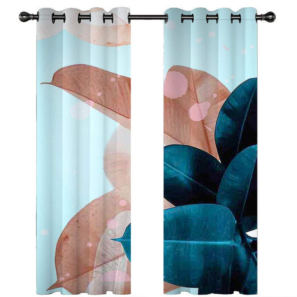 Gardinen Schlafzimmer Wohnzimmer Verdunkelungsvorhang Digitaldruck 3D Blaue Und Rosa Palmblätter Blickdicht Vorhänge Kinderzimmer Thermovorhang Mit Ösen 200X214Cm (B X H) 2Er Set
