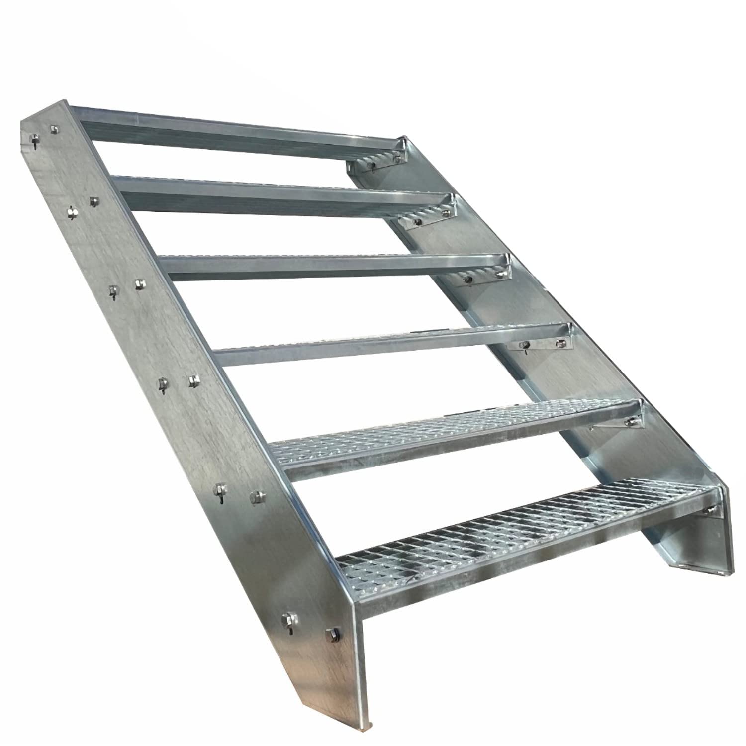 Premium Caillebotis acier Escalier à limon 6 Marches Entièrement galvanisé - Dimensions (L x l x H) 120cm x 60cm x 114cm Résistant aux intempéries et protégé contre la corrosion