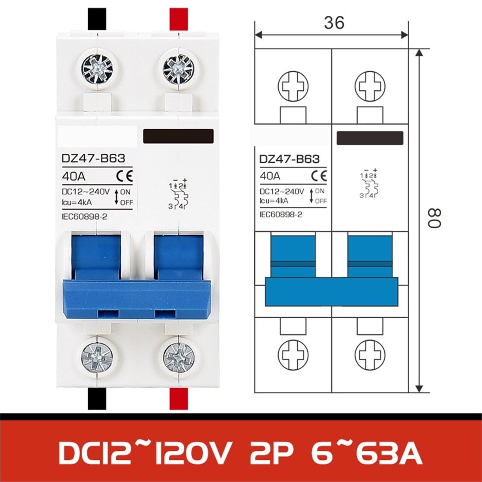 Miniaturowy wyłącznik automatyczny 12 V 24 V DC MCB 2P 125 A 130 A 16 A bezpiecznik resetujący falownik zabezpieczenie akumulatora izolator przełącznik transferu (1P, B16A)