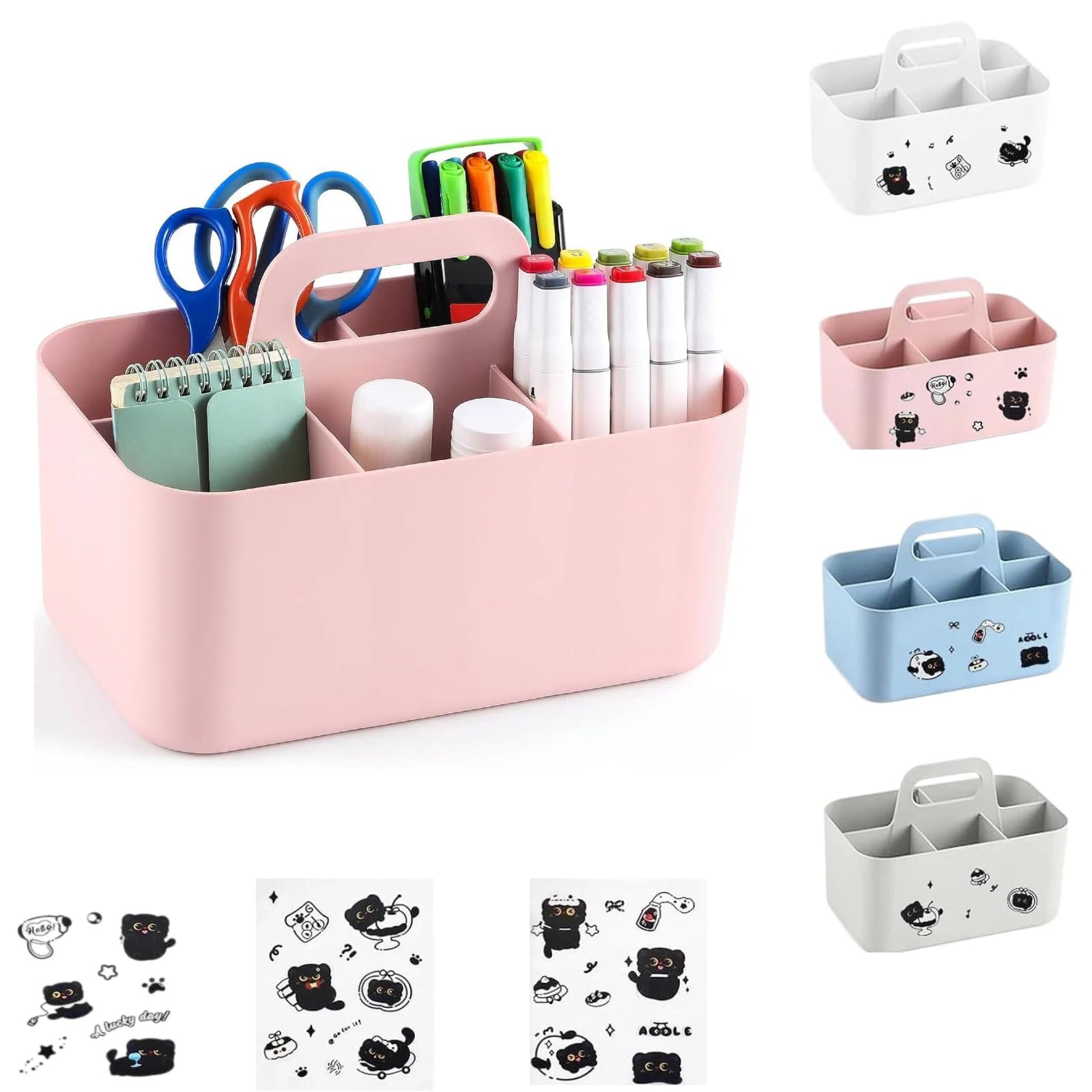 Bailtouk Caddy Organizer with Handle, 5 Slots Multipurpose Storage Organiser, Stackable Cleaning Caddy with 3 Cat Stickers Pen Art Makeup Organiser for Bathroom, Office, Crafts (Pink, 25×15.4×17cm)