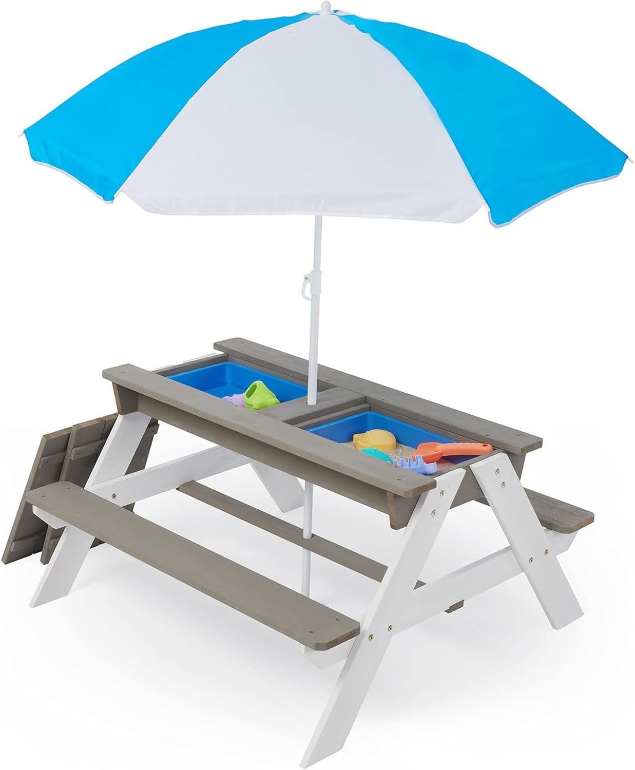 Wooden Kids Picnic Table, Sand and Water Table with Umbrella, Activity Table for Outdoor Backyard Patio Play White+Gray 3-in-1 Multi-Use Backyard, Patio, Garden Holiday Décor