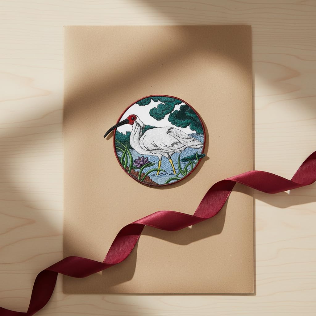 BeyondVision Nature Weaved in Threads, Amazing Birds Kingdom [Crested Ibis in Circle [Custom and Unique] Embroidered Iron on/Sew Patch [6" *6."] [Made in USA]