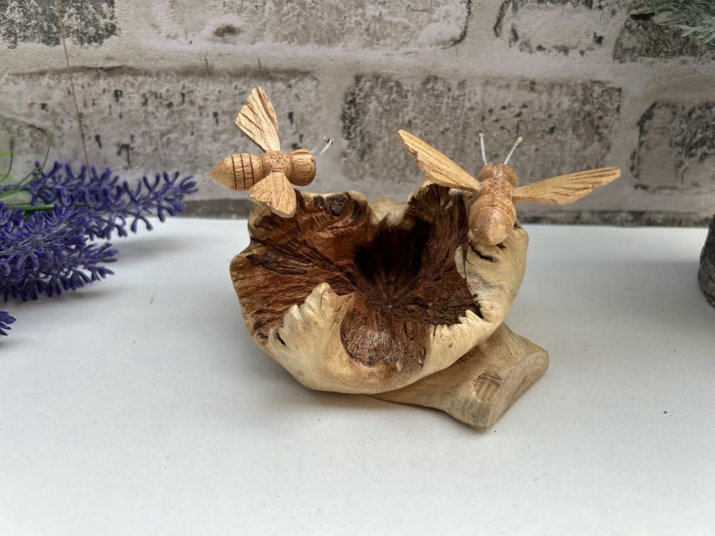 MAISONICA Wooden Portobello Mushroom Sculpture Ornament w/ 2 Bumblebees Bees - Handcarved Teak Root