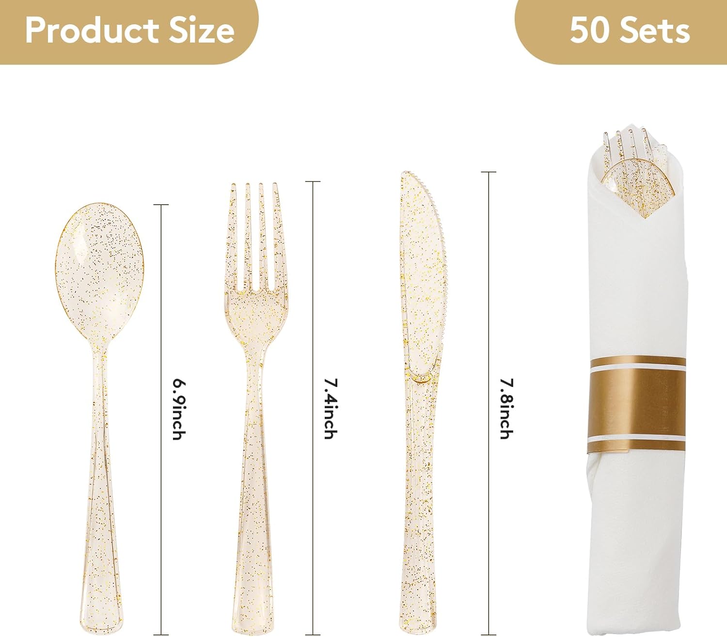 Goodluck 50 Pack Pre Rolled Gold Glitter Plastic Silverware, Wrapped Cutlery Set with Napkin Include 50 Forks, 50 Knives, 50 Spoons and 50 Napkins, Fancy Disposable Silverware for Party, Wedding