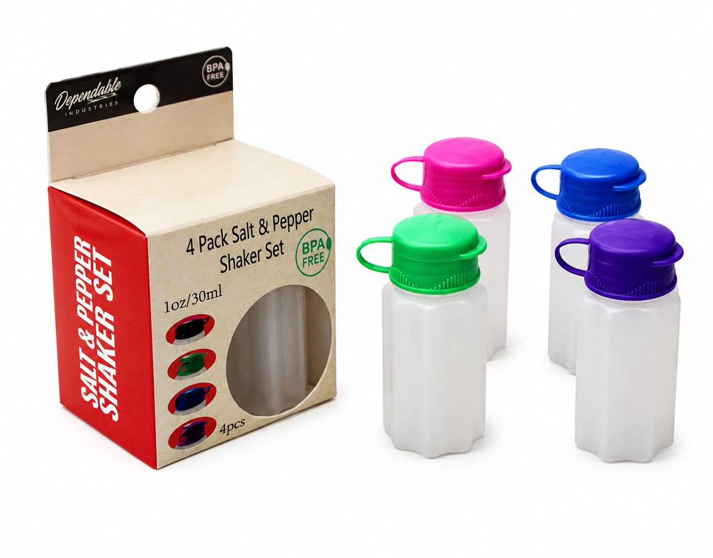 Set of 4 Mini Salt and Pepper Shakers – 1oz BPA-Free Plastic with Snap Top Lids, Assorted Colors, Compact Design for Travel, Camping, Picnics, and