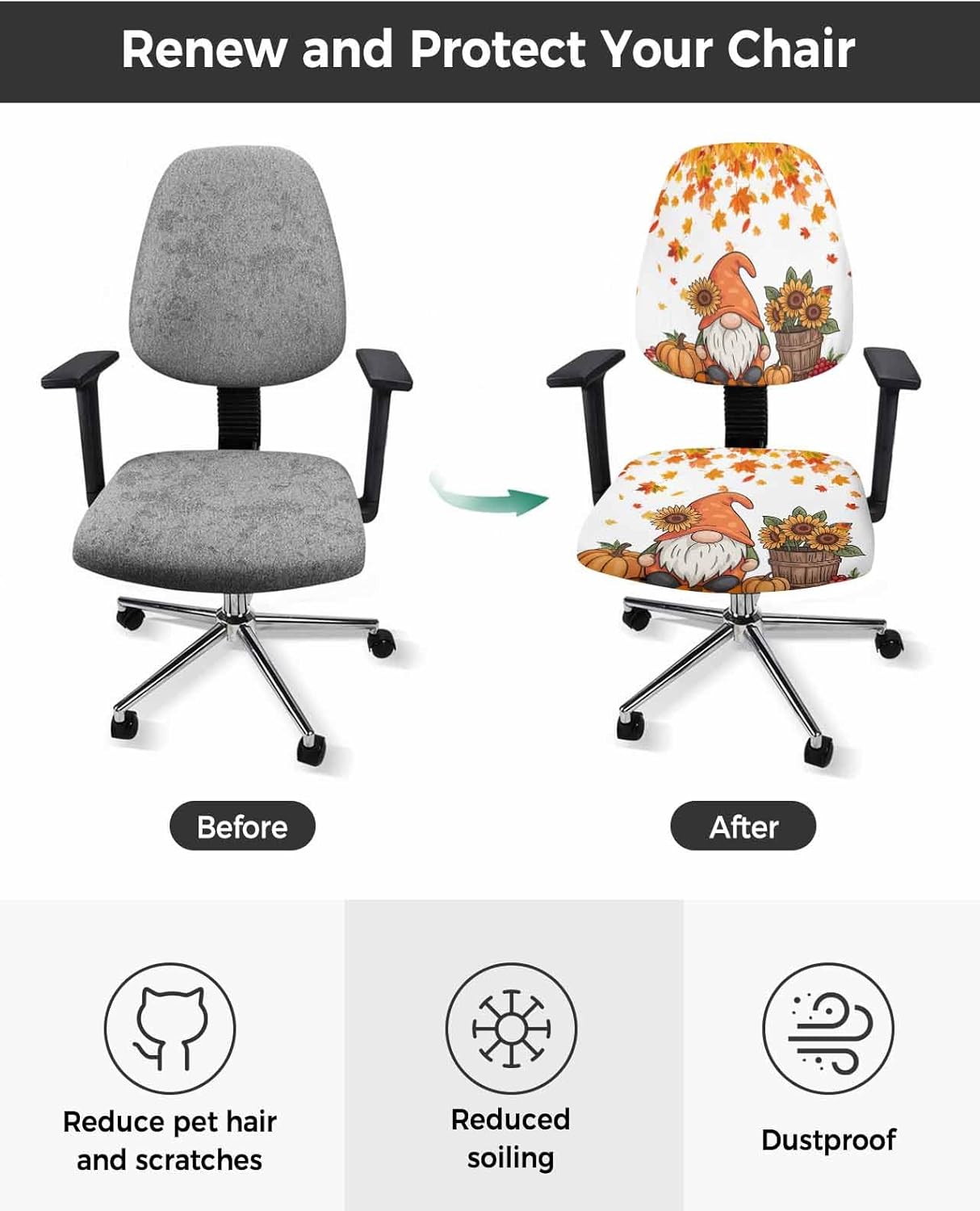 Thanksgiving Gnomes Office Chair Cover 2 Piece, Fall Sunflower Maple Leaf Pumpkin Stretch Elastic Computer Desk Rotating Chair Seat Back Covers Stretchable Decorative Slipcover Protectors