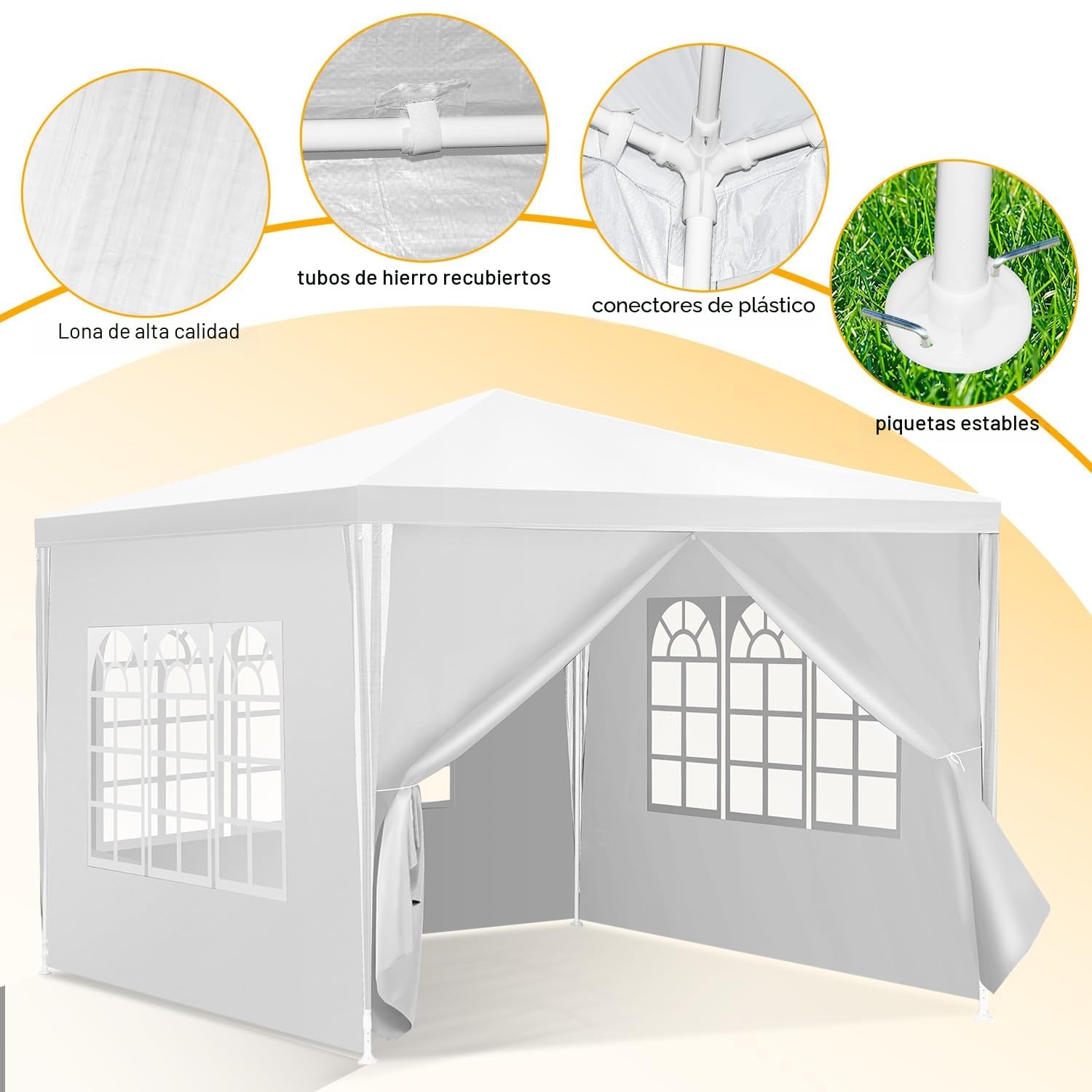Carpa de jardín de 3 x 3 m, resistente al agua, con paneles laterales y ventanas, protección solar, carpa exterior para fiestas, camping, festivales, color blanco