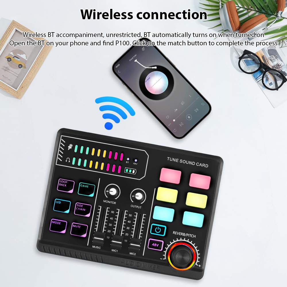 Btuty Gaming Audio Mixer mit 48V Phantom Power, RGB Mischpult für XLR Mikrofon, BT Soundkarte für Streaming
