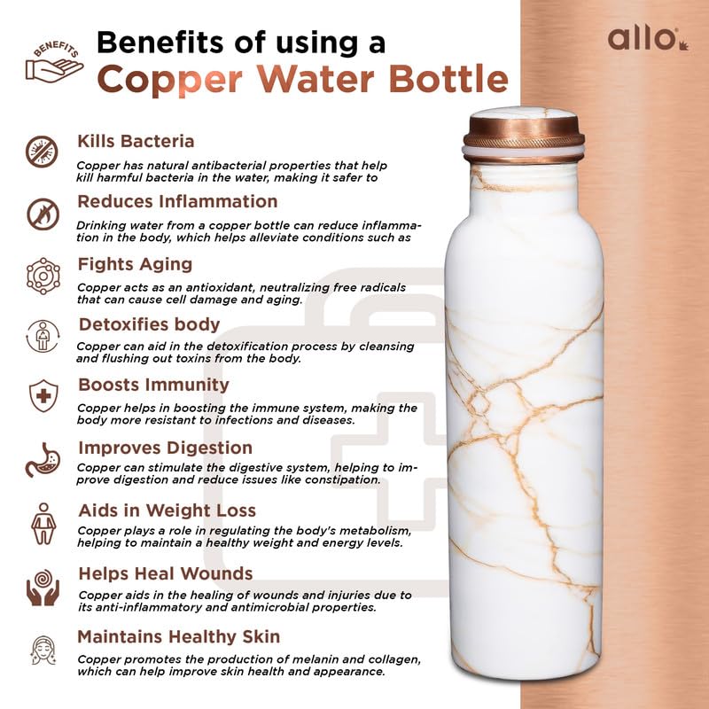 Image of Allo Pure Copper Water Bottle 1 Litre Copper Bottle | Alkaline and Anti Oxidant | 100% Leak Proof, Office, Gym Bottle, Modern Tamba Bottle for Adults, Best Gift for Diwali (White Golden Marble)