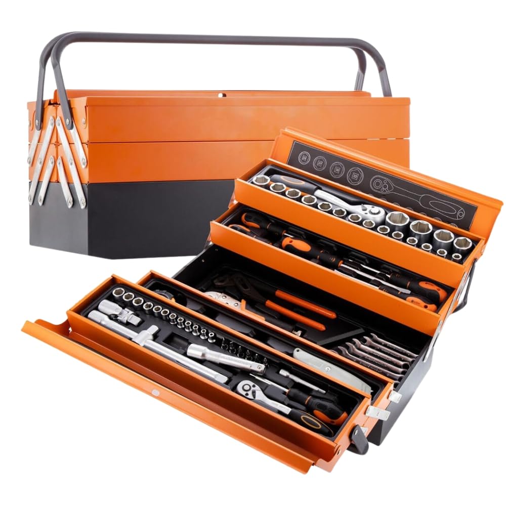 A.M.C. Cassetta Attrezzi Chiavi Completa con 85 Pezzi in Metallo Cassetta Porta Utensili Organizer per Attrezzi Resistente Pieghevole con Occhiello per Lucchetto per Fai da Te Meccanico Elettricista