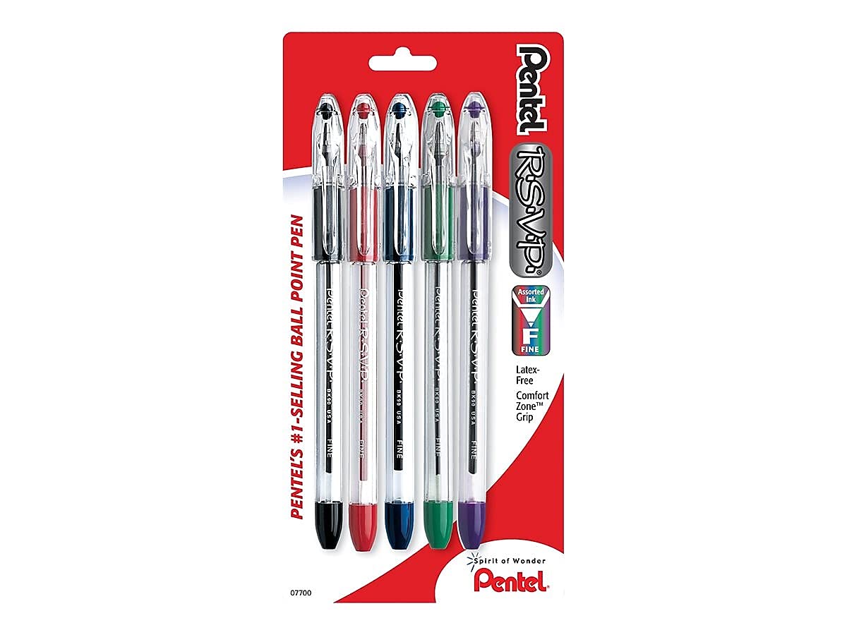 474028 R.S.V.P. Ballpoint Pens Fine Point Assorted Ink 5 Pack (BK90BP5M)