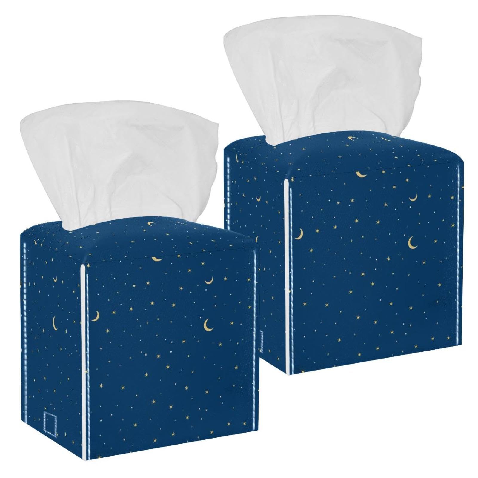 Stars and Moon Tissue Box Cover, 2 Pack PU Leather Square Facial Tissue Dispenser Box holder for Home Office Car