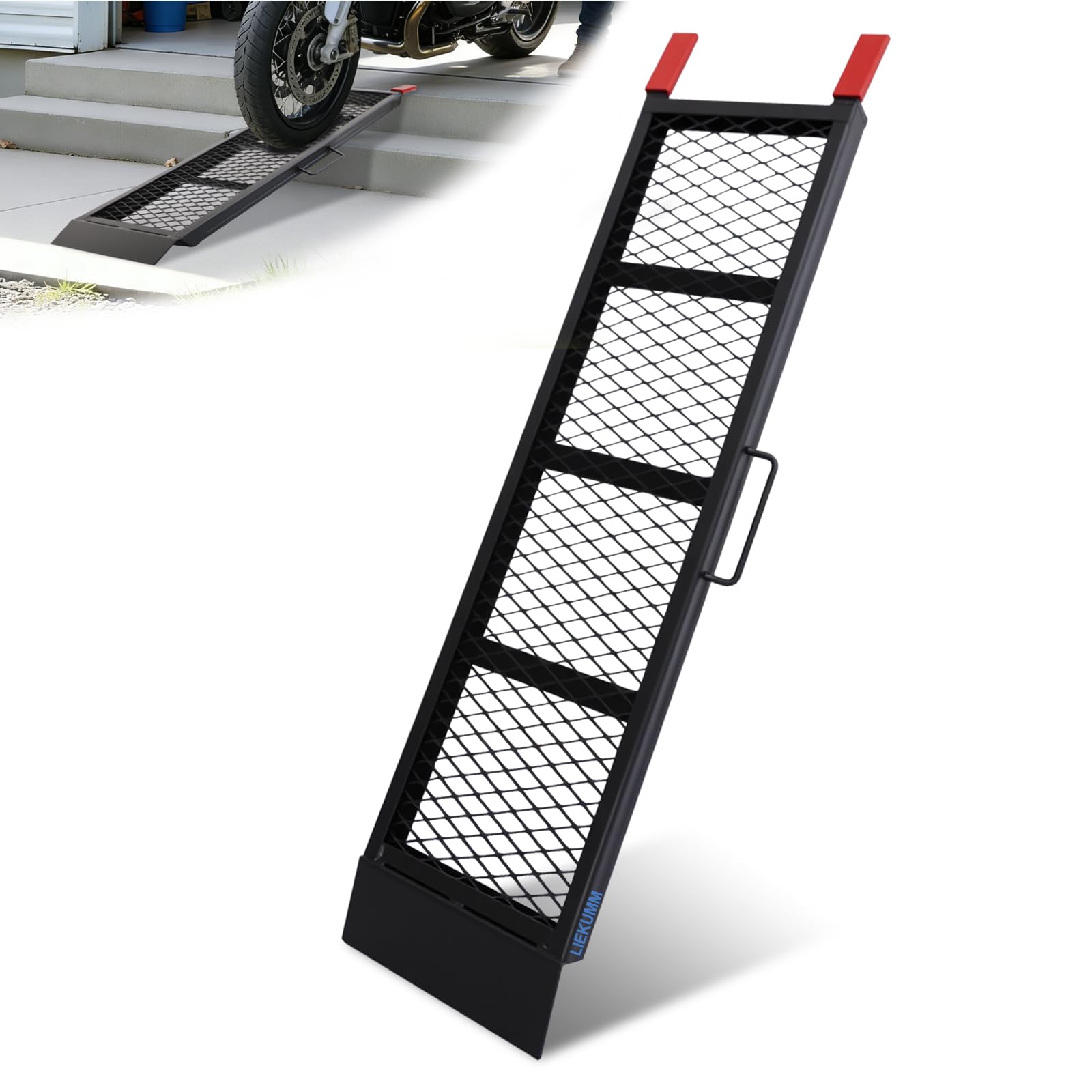LIEKUMM ラダーレール 長さ112cm*幅28cm バイク スロープ 耐荷重450kg スチール製 バイク ラダーレール 滑り止め 取っ手付き 草刈り機 ATVバギー 農機具 軽トラ トラックに積載用 1本