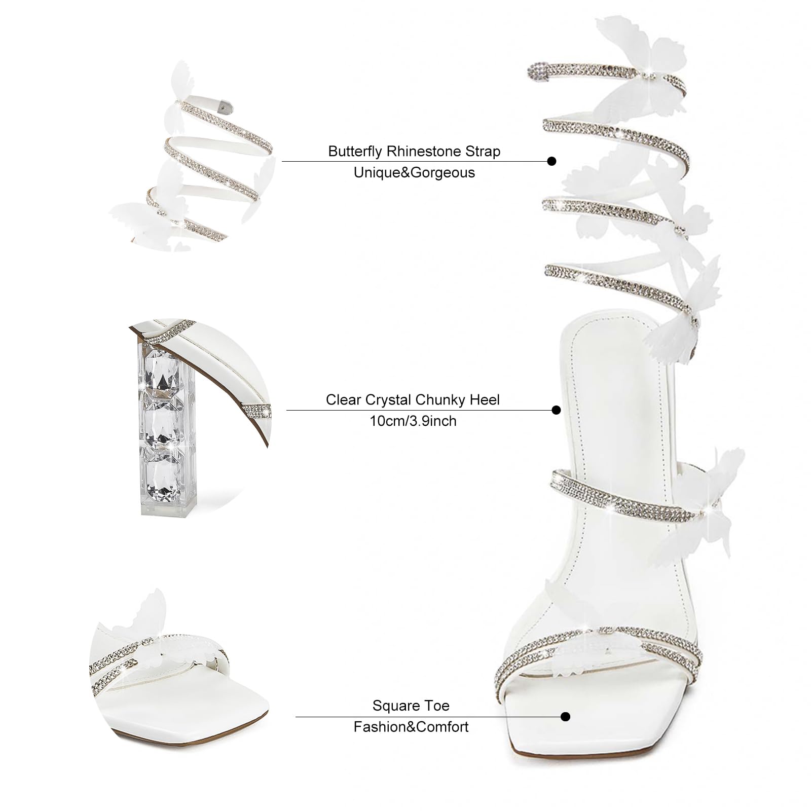 VOZTOLLS Womens Lace Up Sandals Square Open Toe Chunky High Heels Rhinestone Strappy High Block Heel Sandals Sparkly Dress Party Wedding Shoes: 5 White