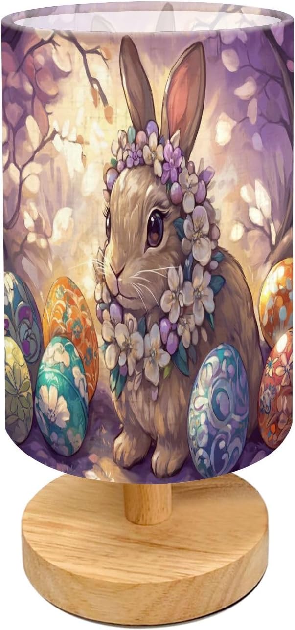 Table Lamp for Bedroom Whimsical Rabbit Portrait Floral Wreath Easter Art Modern Lamp Beside Lamp Home Decor Night Light for Kids Nursery Room Office Dorm Living Room Decor