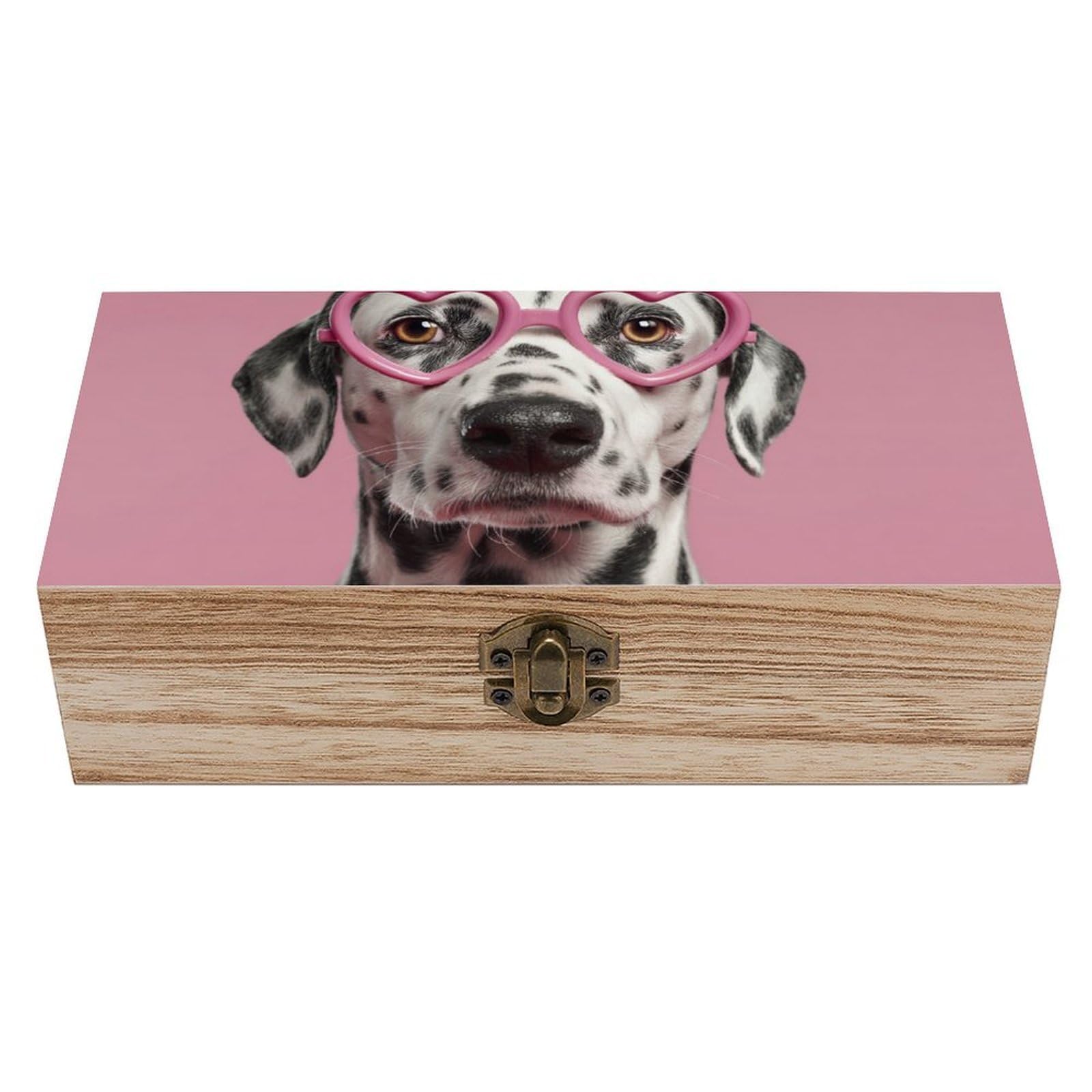 Jubonexis Cute Dog Wearing Heart-shaped Pink Glasses Wooden Storage Box with Hinged Lid And Front Clasp Large Keepsake Box