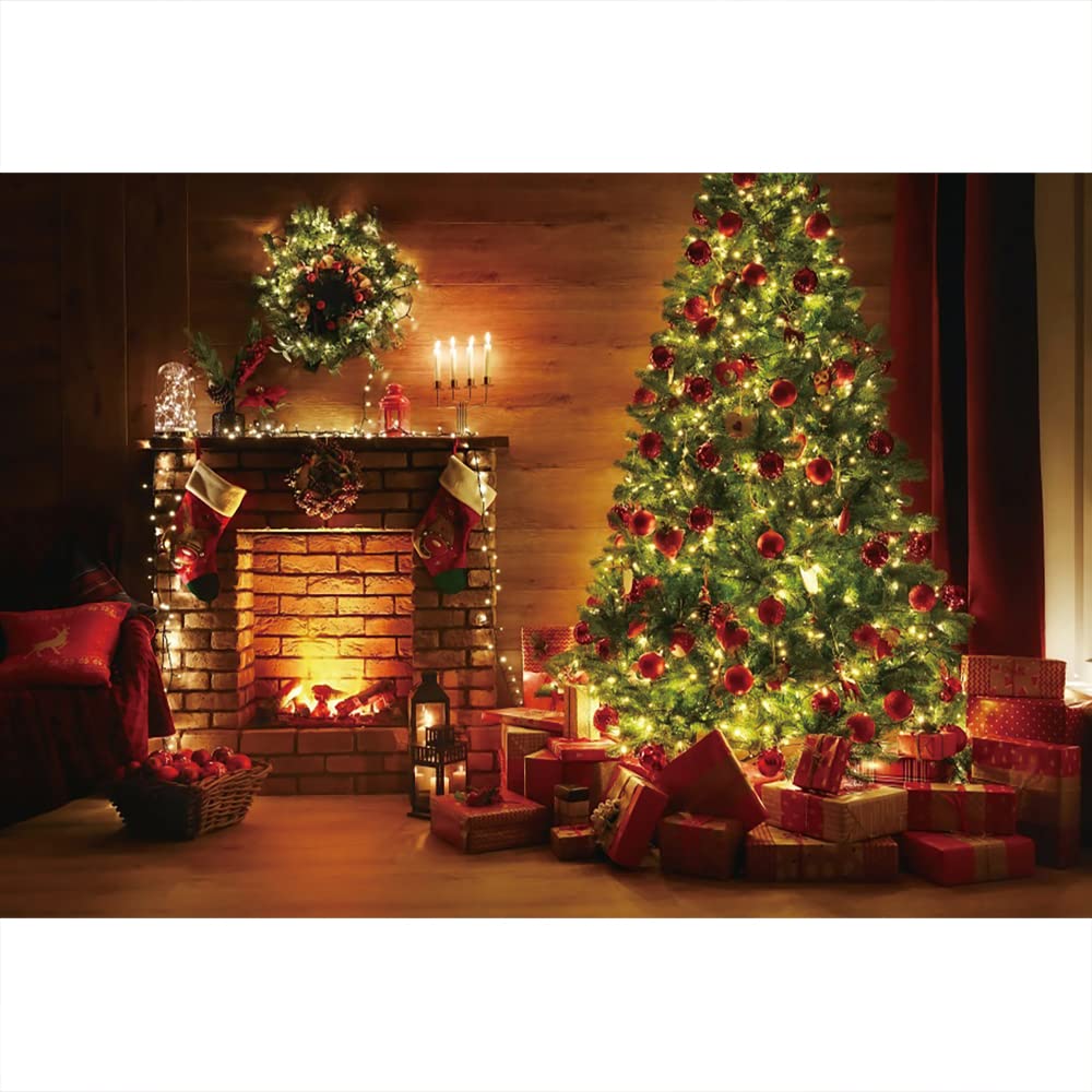 Aoihrraan 3x2m Sfondo di Natale Camino A Muro Mattoni Con Albero Natale Glitterato Sfondo Fotografico Baby Shower Felice Anno Nuovo Holiday Party Banner Ritratto Photo Studio Puntelli