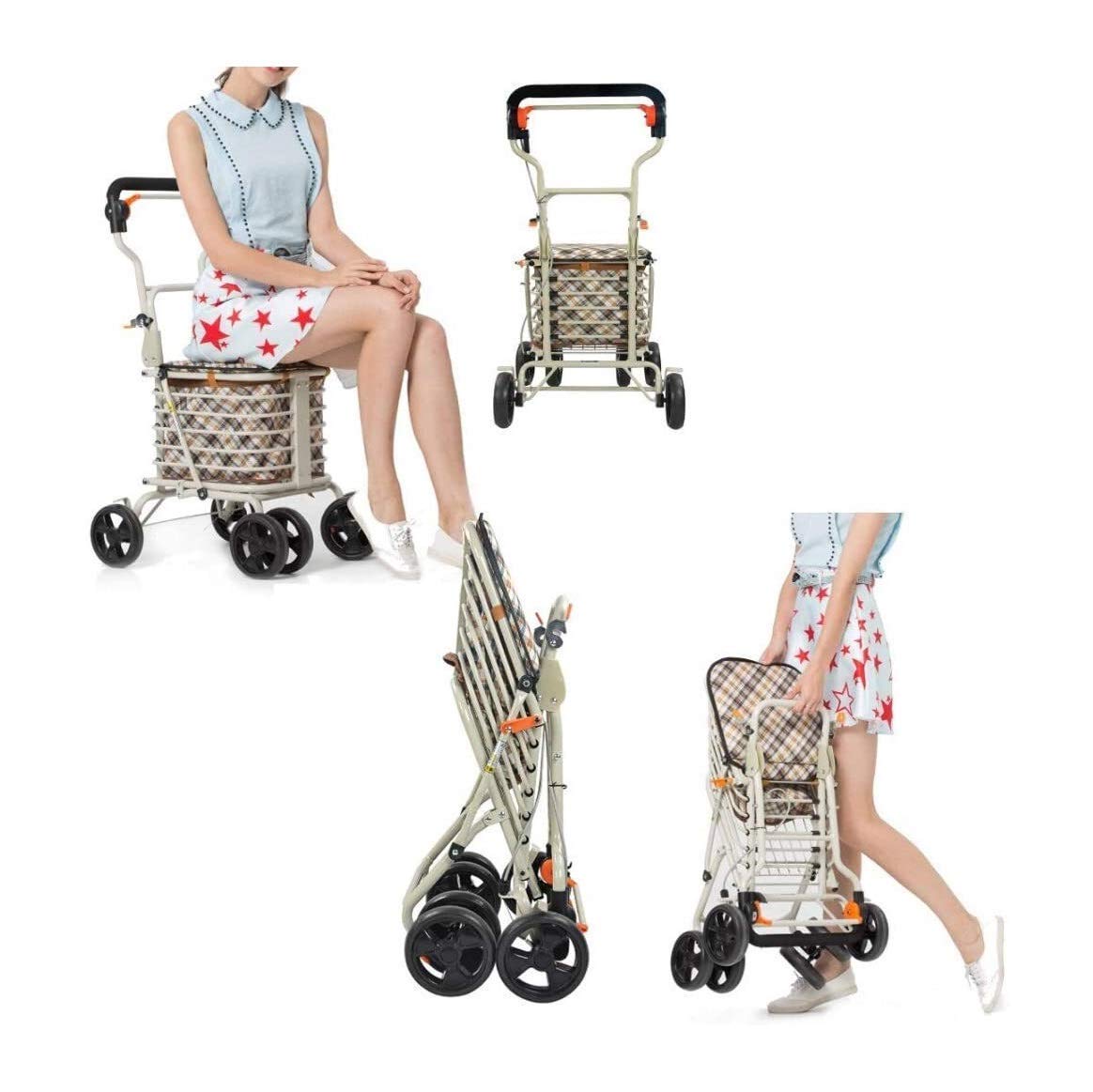 Koszyk dla osób starszych dla seniorów Rollator Lekki Rollator Koszyk dla osób starszych Składany wózek na zakupy z 4 kołami Wózki na zakupy Torba do przechowywania z siedziskiem Z