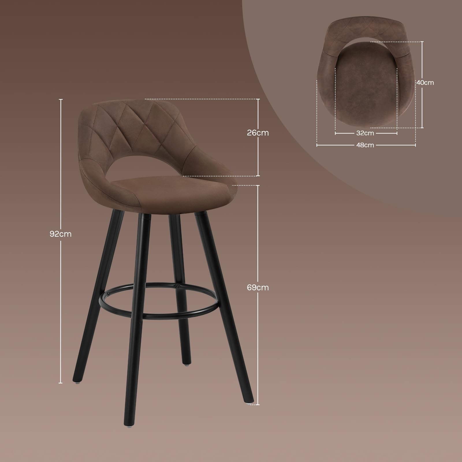 WOLTU Sgabelli da Cucina Set di 2, Sgabello da Bar per Colazione, Sgabelli Alti con Poggiapiedi e Schienale, Sedile in Tessuto Tecnico+Gambe in Legno, Marrone Scuro, BH291dbr-2