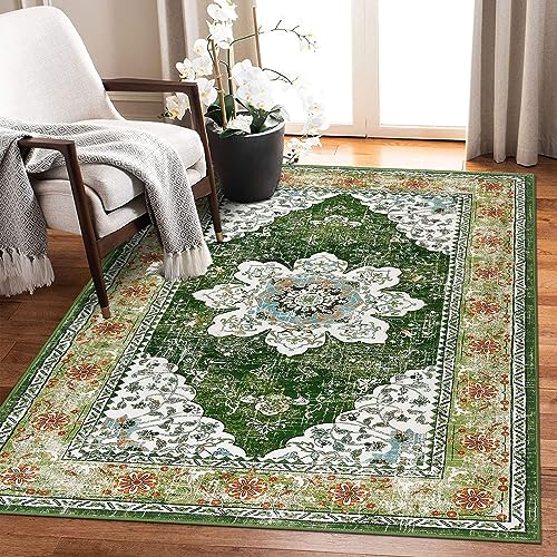 Image of Ileading Bohemian Vintage Area Rug 3x5ft, Machine Washable Low-Pile Accent Carpet, Non-Shedding Non-Slip Entryway Floor Throw Rugs for Living Room, Bedroom, Dining Room, Kids Playroom(Green)
