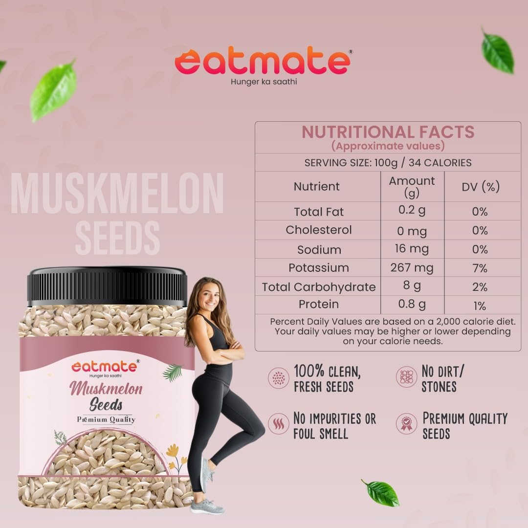 Eatmate Natural Muskmelon Seeds | Kharbooj Magaj | Kharbhuja Beej for Eating | High in Protein, Potassium, Magnesium & Iron | Good for Immunity Booster| Healthy Snack, Topping and Cooking Use (250gm) 2