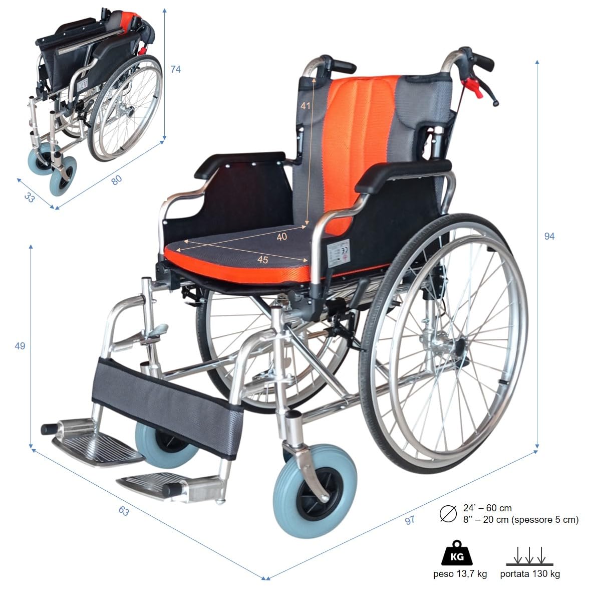KEROS Silla de ruedas de aluminio plegable y autopropulsable