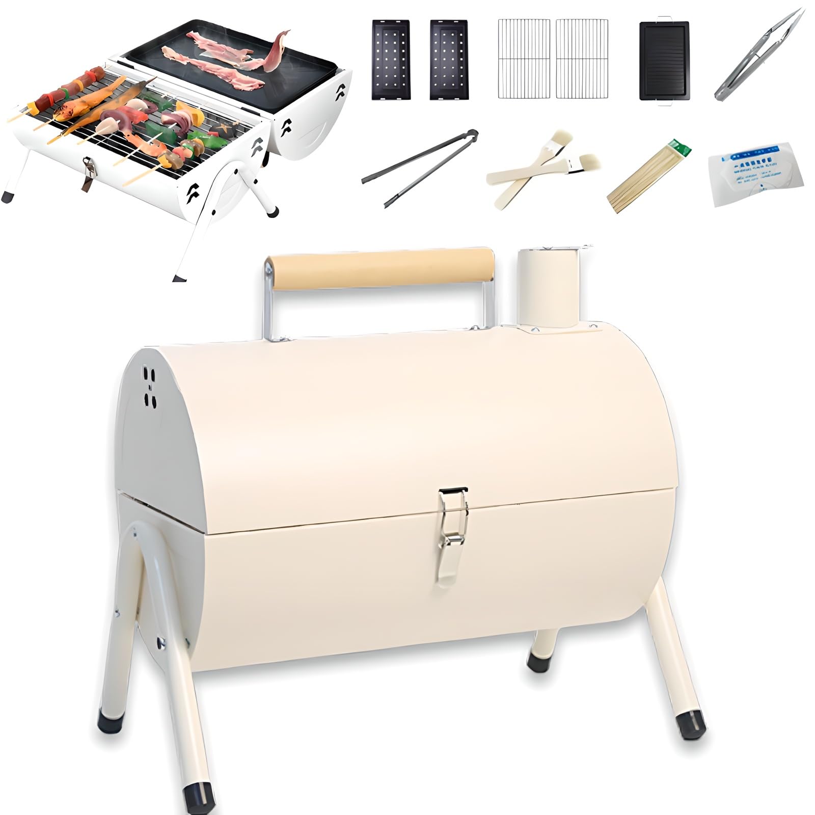 Eiwitany Barrel BBQ Smoker Grill with Dual Cooking Zones, Outdoor Barbecue for Garden, Patio, Camping and Backyard Gatherings (White)