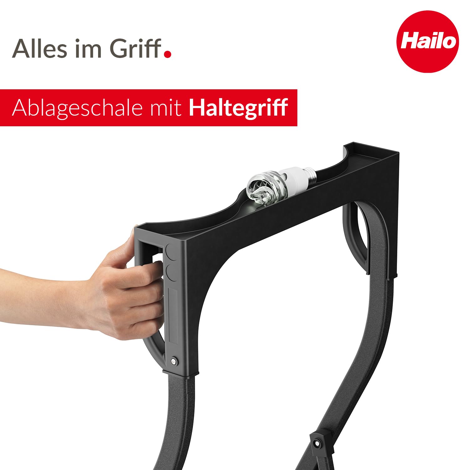 Hailo K77 ComfortLine Klapptritt - 3-stufige Trittleiter aus Stahl mit Sicherheitsbügel und Ablageschale - Arbeitshöhe bis 2,69 m - Gewicht: 6,8 kg - Schwarz