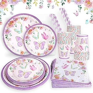 Heboland Butterfly Birthday Decorations Plates Set for 25 Guests, 125 Pieces of Butterfly Paper Plates Napkins Cups Straws Disposable Tableware Set Baby Shower Butterfly Birthday Party Supplies