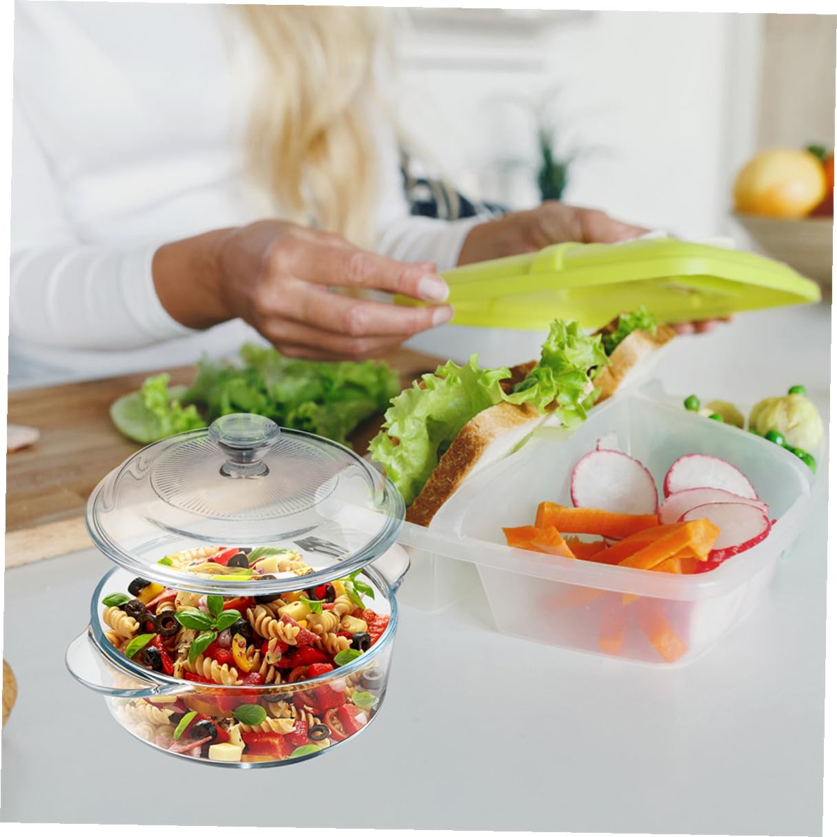 Bol de Resistente al Calor con Tapa Transparente y Asas Dobles Recipiente Reutilizable para Ensaladas Postres y Snacks para Fiestas y Uso Doméstico