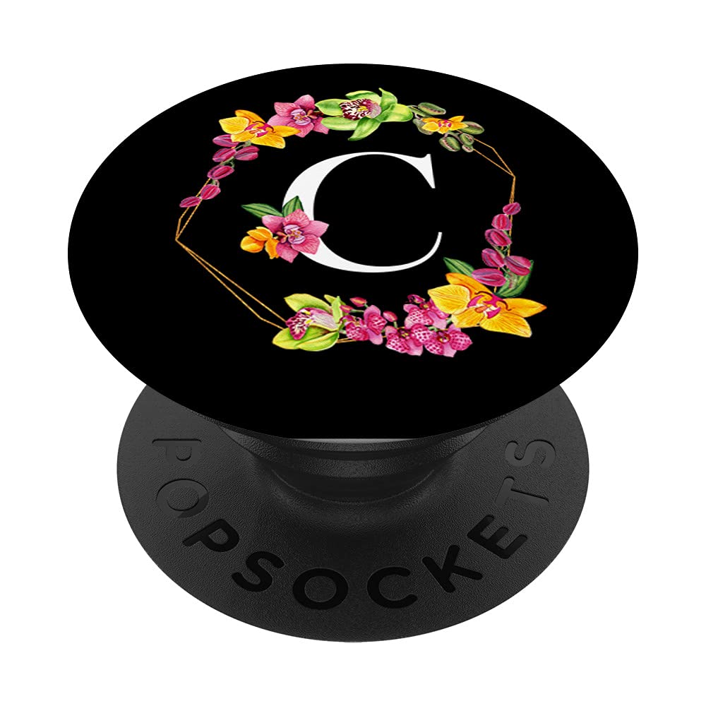 Pink Yellow Green Orchids Floral Monogram Initial Letter C PopSockets Swappable PopGrip