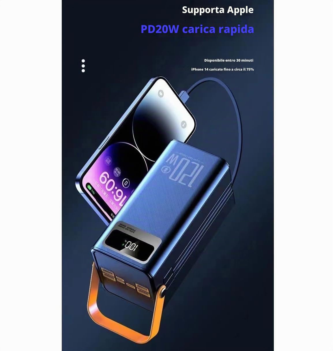 Power Bank Portatile 100000mAh 120W PD 20W Powerbank con Batteria da Carica Grande Capacità 5 Uscite 2 Ingressi Energia Solare con Doppio Cavo di Ricarica Rapida per iPhoneiPad Campeggio (Bianco)