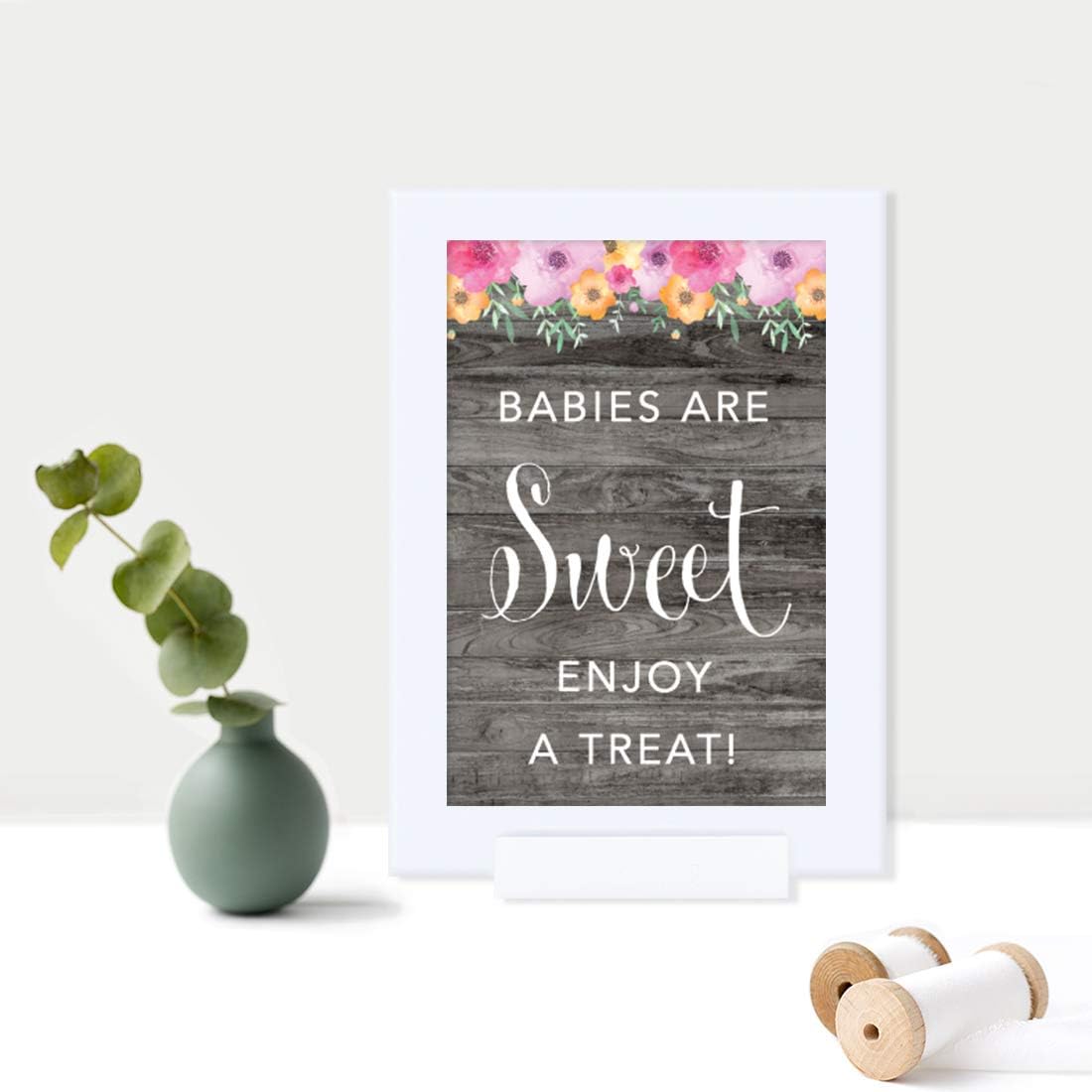 Andaz Press Framed Baby Shower Party Signs, Rustic Gray Wood Pink Floral Flowers, 4x6-inch, Babies are Sweet, Enjoy a Treat Sign, 1-Pack, Includes Reusable Photo Frame, Dessert Table Candy Buffet