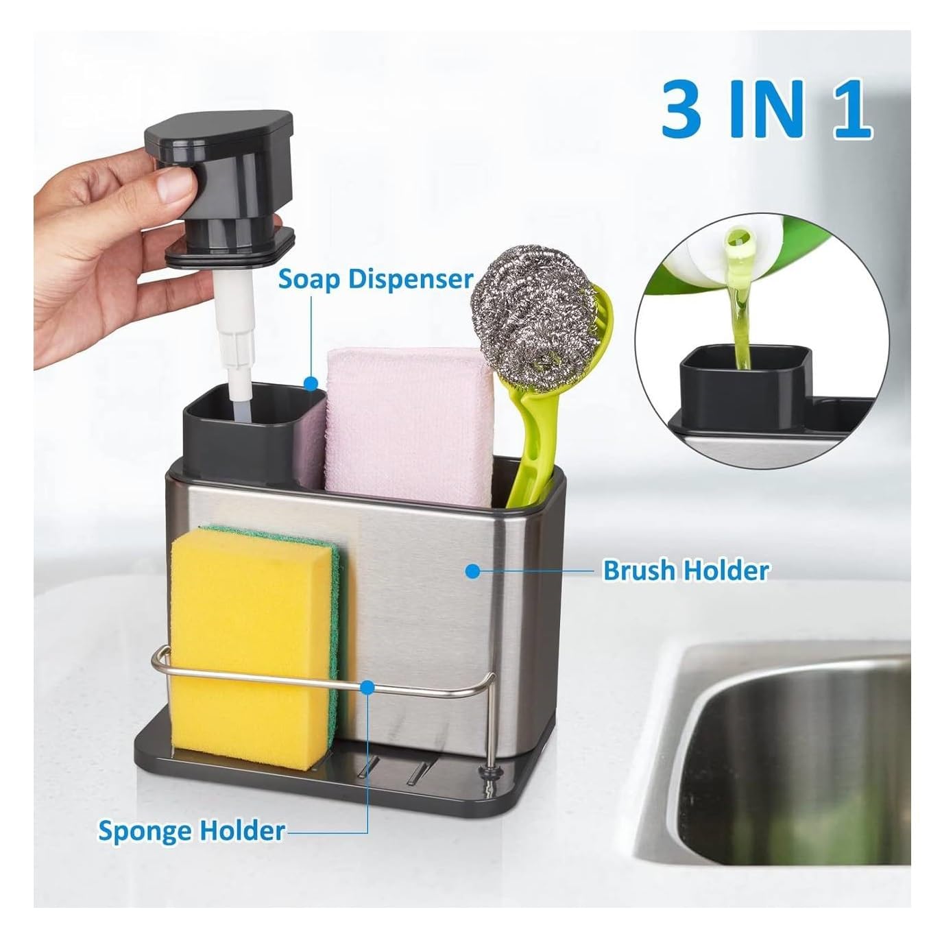 SARNESHWERAM Stainless Steel 3-in-1 Soap Dispenser Sponge and Brush Holder Sink Drainer Rack for Kitchen Caddy Organizer with Refillable Soap Pump Stand 2