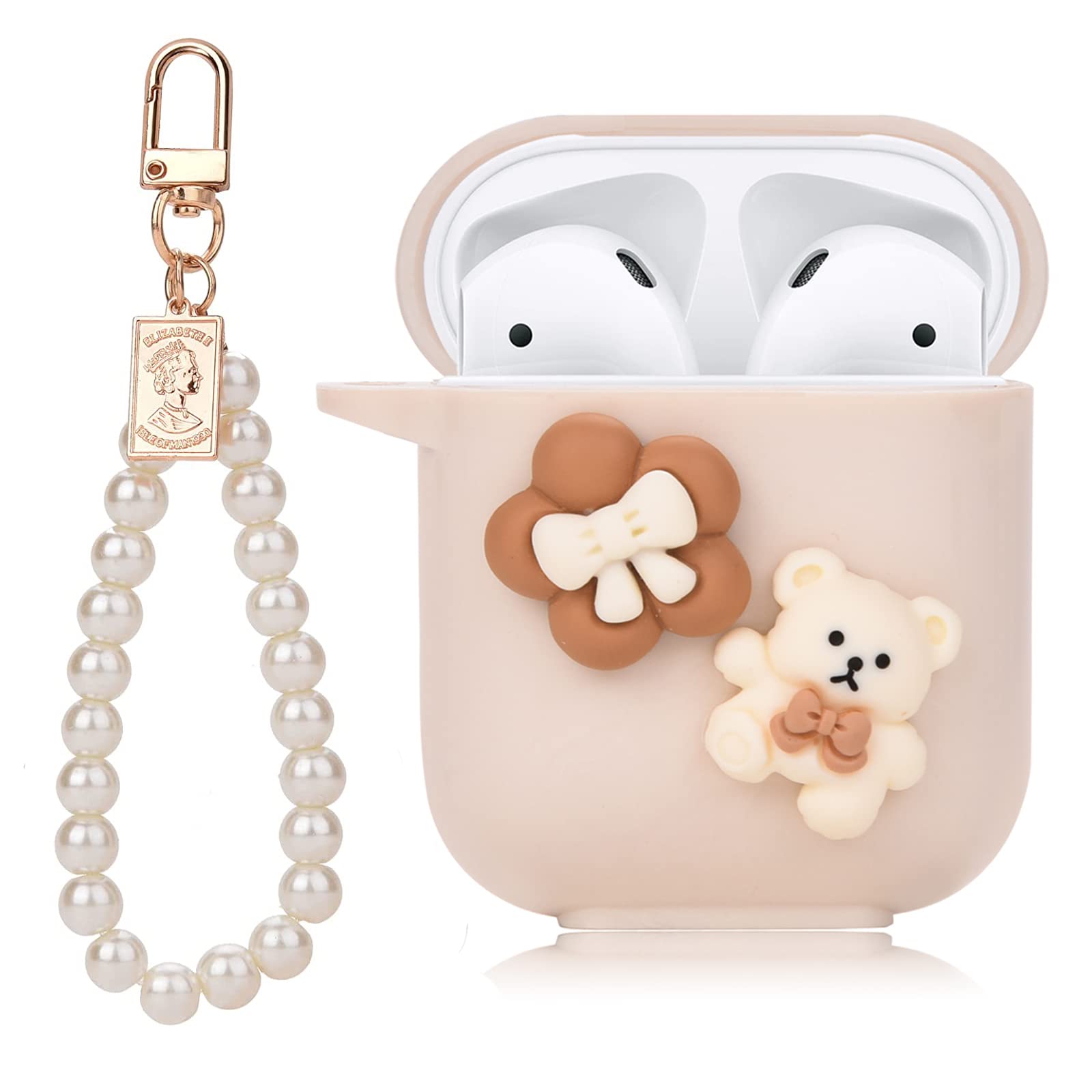 Cute Airpod Case Cartoon Lovely Bear Design With Pearl Chain