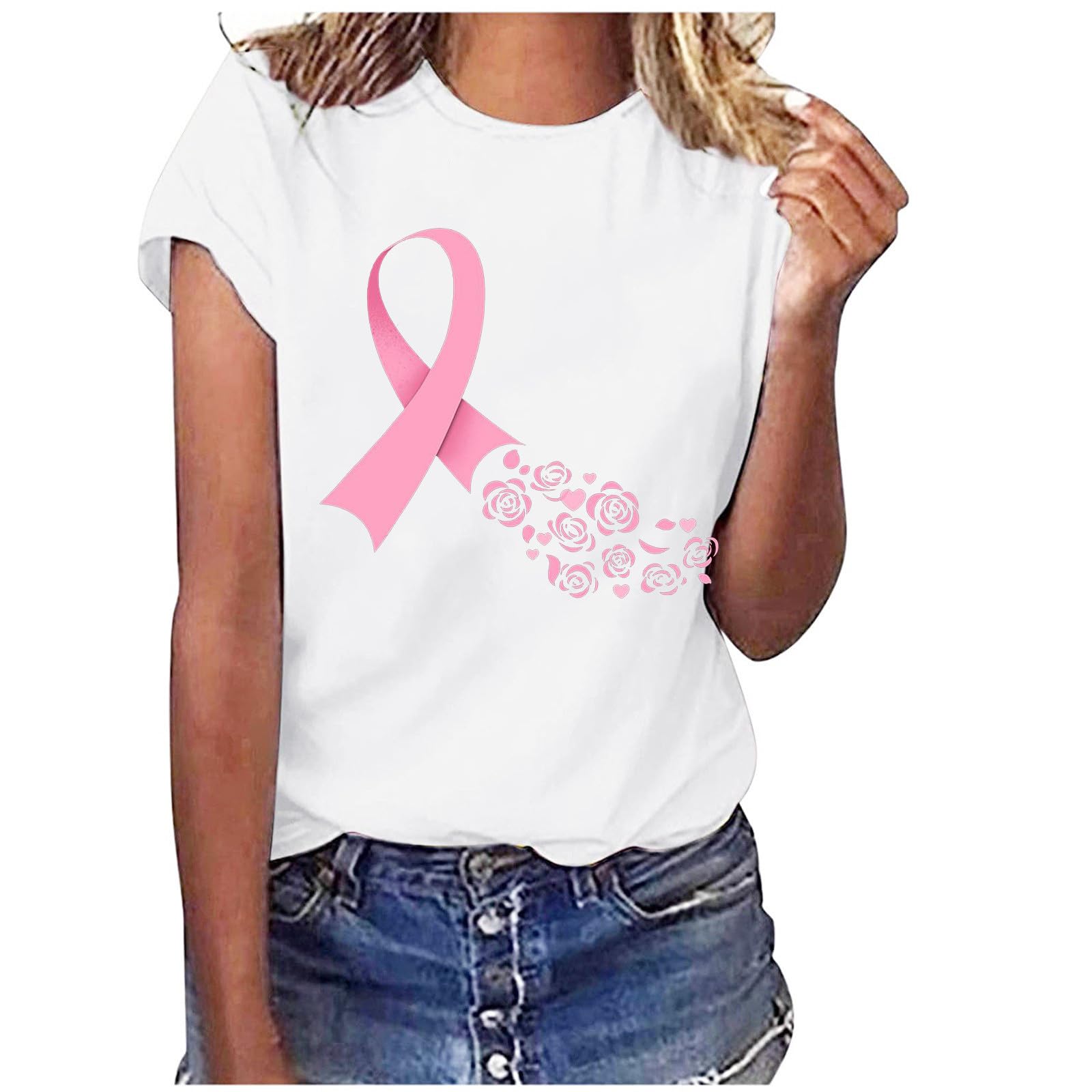 AymnloxBreast Cancer Survivor Shirts for Women Casual Dressy Pink Ribbon Heart Graphic Tee Shirts Cancer Survivor Gifts