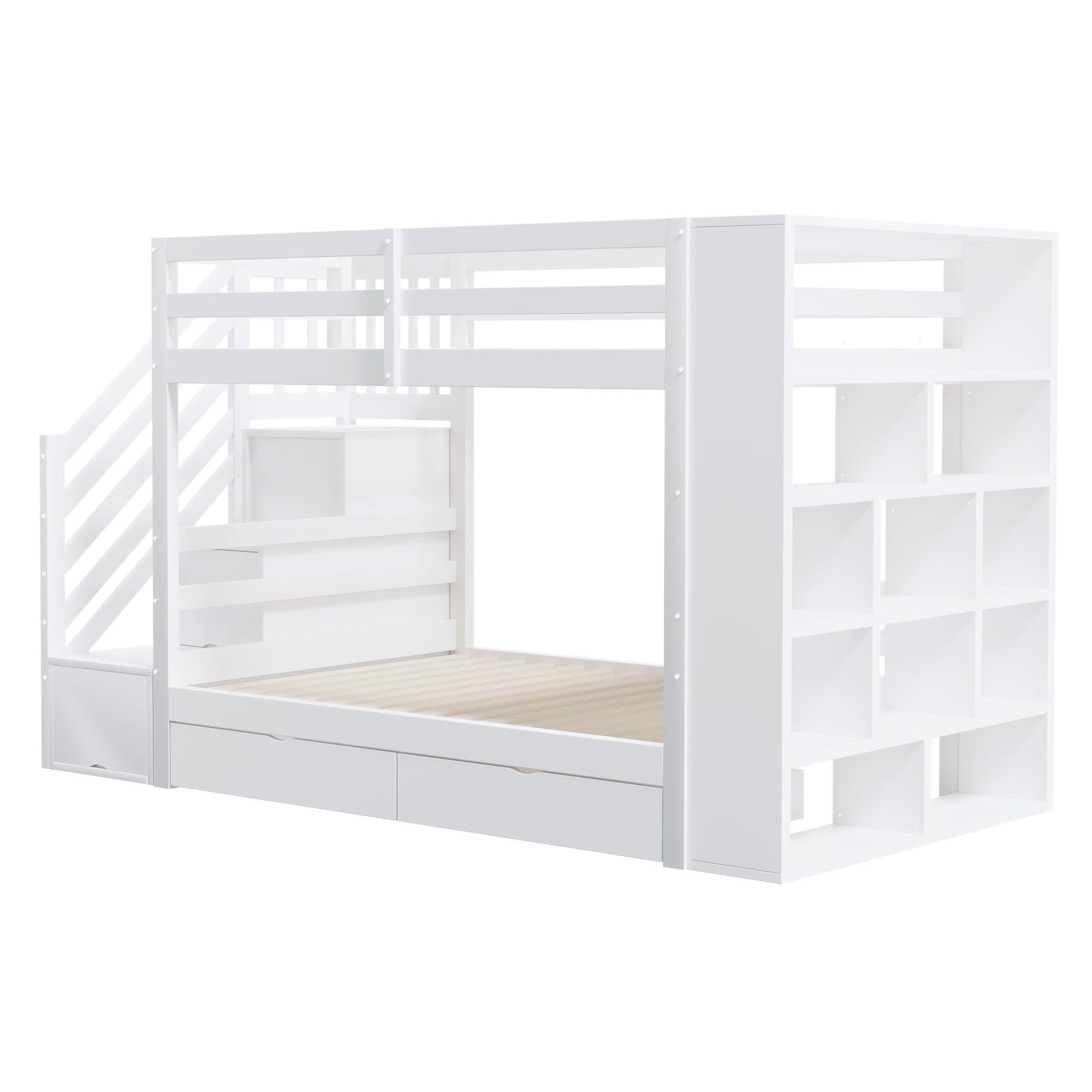 Moimhear Letto a castello 90x200 cm, scala di sicurezza con vani portaoggetti, cassetti portaoggetti e ampi armadietti, struttura alta recinzione, rete a doghe, letto in pino (bianco)