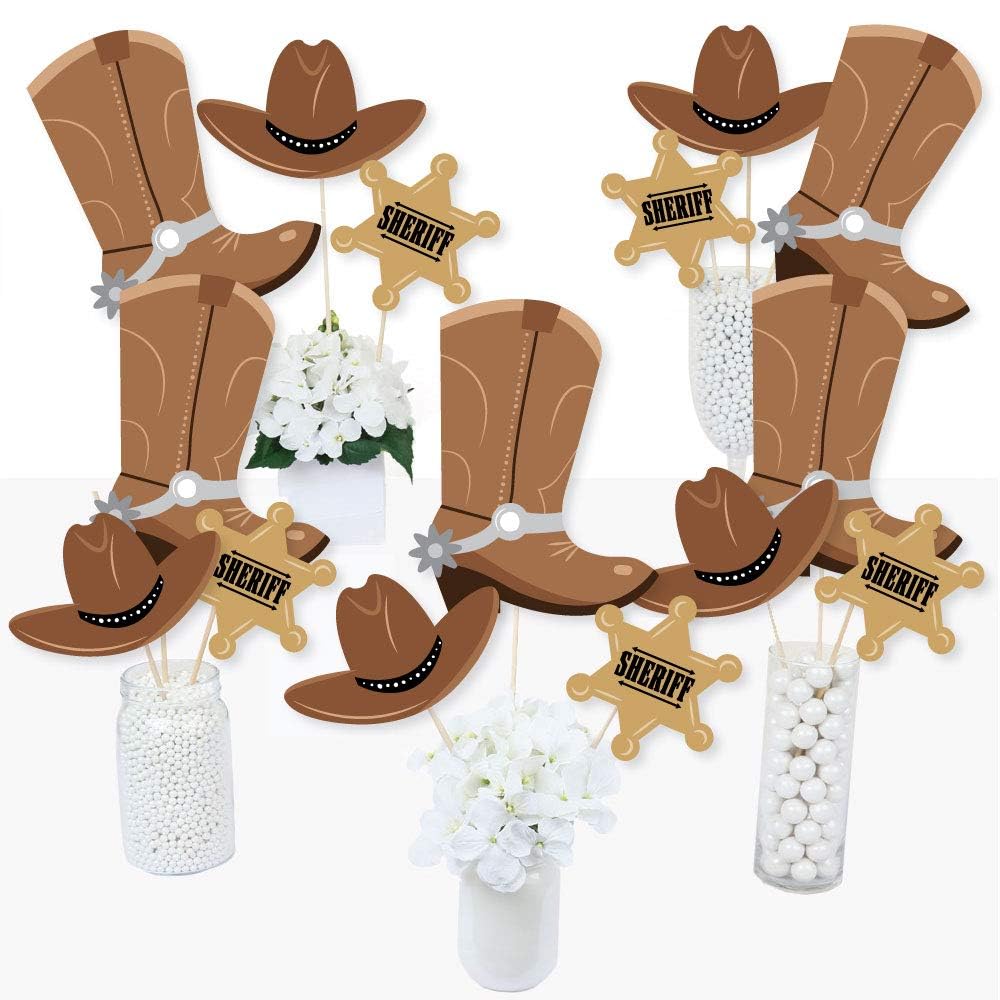 Big Dot of Happiness Western Hoedown Party Centerpiece Sticks - 15-Piece Wild West Table Toppers, Cowboy Boot Sheriff Badge Hat Cutouts, Country