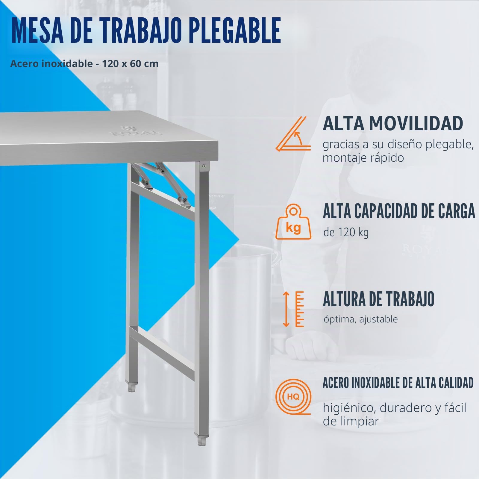 Royal Catering RCAT-120K Mesa Plegable de Acero Inoxidable Mesa de Trabajo (60,00 x 120,00 x 90,50 cm, Capacidad de Carga 210 kg, Altura Ajustable 10 mm)