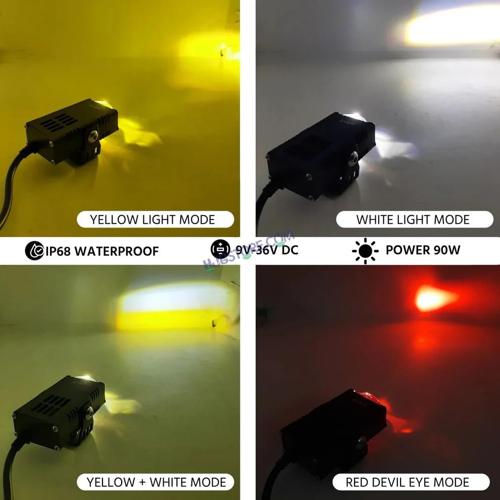 Image of HJG Waymaker LED Fog Light Dual Colour Fog Light Mini Drive Yellow White & Red Devil Eye Slim Drive Light Version 4 With Red Devil Eye And Wiring With Canbus Universal For All Cars and Motorcycles