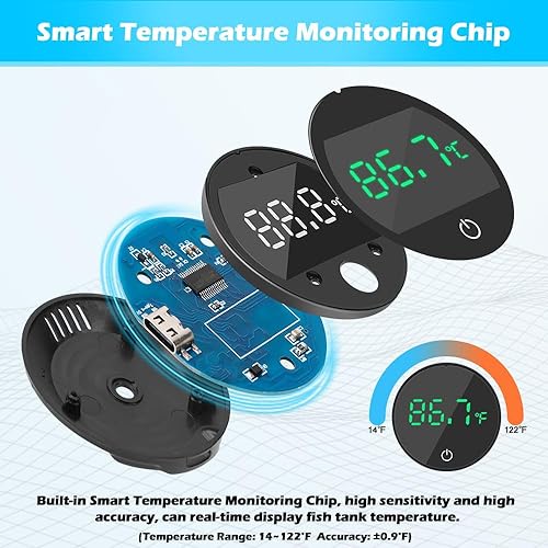 Miniatura 3 de DaToo Termómetro para acuario con pantalla LED digital recargable, termómetro para pecera, medición HD, temperatura precisa de acuario  0.9 F,