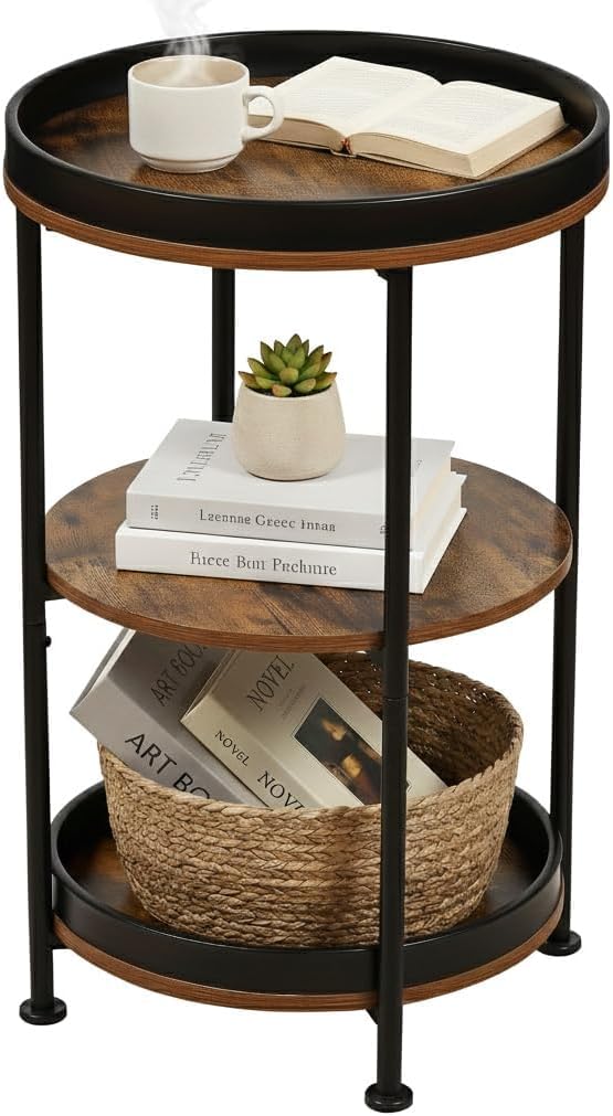 – Industrial Nordic End Table, 3-Tier Round Side Table with Storage Shelf Edge Protection Tray, Sturdy Metal Frame Coffee Table Bedside Table for Living Room Bedroom Small Spaces/Rustic Brown