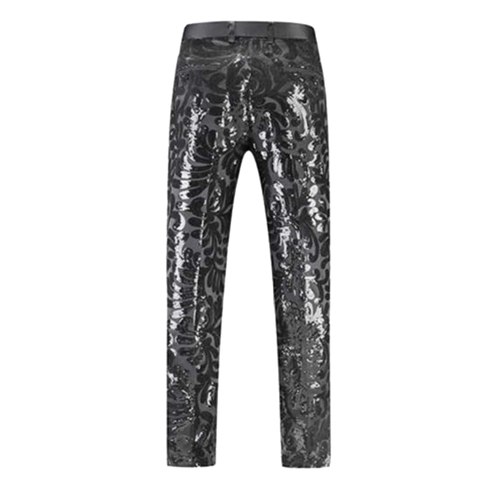 Pantalon à paillettes pour homme - Métallique - Paillettes - Pantalon disco - Pantalon de fête tendance - Avec motif floral - Taille haute - Pantalon de danse pour homme - Mode festival, fête